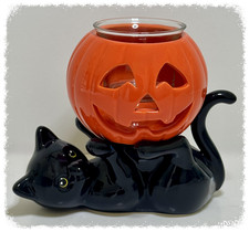 PartyLite Halloween Kitty Votive Holder P93141 Black Cat Pumpkin w Box picture