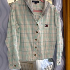 Tommy Hilfiger Tommy Jeans Mens Pastel Pink Blue Cropped Hooded Flannel Shirt S picture