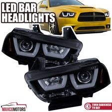 Fits 2011-2014 Dodge Charger Smoke Projector Headlights Dual LED Tube Headlamps picture