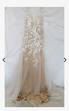 Azazie A-Line V-Neck Sleeveless Lace Tulle Train Dress Ivory/Beige 8 WD8 picture