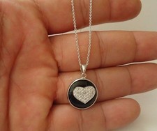 BLACK HEART PENDANT NECKLACE W/ 1 CT  ONYX & ACCENTS / 925 STERLING SILVER picture