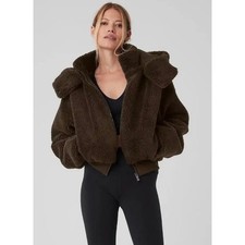 Alo Yoga Foxy Sherpa Jacket Womens Large Brown Hooded Full Zip Cropped picture