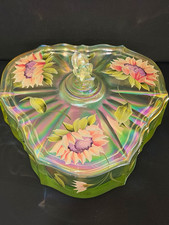 Fenton Art Glass Trinket Box Iridescent Green Floral Hand Painted Lid Signed picture