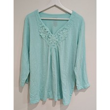 NWT Women's 3/4 Sleeve Crochet Mint V-neck Top (1X) Cotton Coastal Cottagecore picture