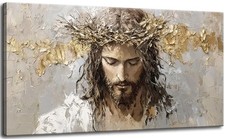 Large Jesus Portrait Canvas Wall Art Abstract Gold Thorns Jesus Painting Deco... picture