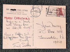 EMIL SITKA of THE 3 STOOGES AUTOGRAPHED XMAS POSTCARD SIGNED and DATED 12/21/82 picture
