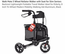 Walk Mate 3 Wheel Rollator Walker w/ Seat Foldable 8” Wheels, Padded Back, BLACK picture