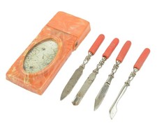 Vintage Bakelite Nail Care Tool Set Red Handle Silver Tip Manicure Kit picture