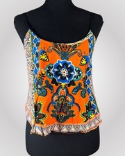 Vintage Boho Blue Rain Women’s S Orange Blue Floral Spaghetti Strap Camisole Top picture
