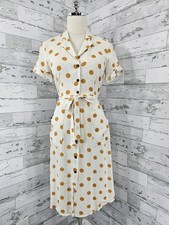Monteau Los Angeles Polka Dot Linen Blend Button Front Midi Dress Cream Yellow S picture