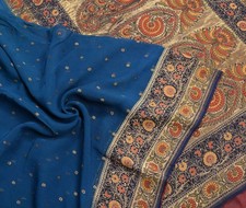 Sushila Vintage Pure Banarasi Georgette Saree Hand Woven Blue Sari Craft Fabric picture