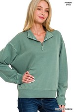 ZENANA HUNTER GREEN PIGMENT DYE FRENCH TERRY HALF ZIP PULLOVER SWEATSHIRT 5282 picture