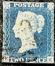 GB QV 1840 POSTAGE STAMP 2D BLUE 4 MARGIN IMPERF FINE USED CAT.£875 picture