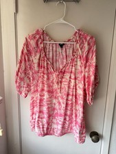 Torrid Pink and Cream Palm Tree Print Blouson Sleeve Blouse picture