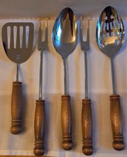 Vintage Mid-Century EKCO 5-Piece Kitchen Utensil Set – Wood Handles, USA picture