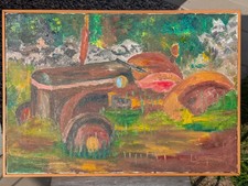 Vintage Swedish Oil Painting Old Tractor Rustic Nordic Farm Landscape Signed picture