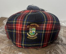 Vintage St Andrews Tartan Wool Flat Cap Plaid Pom Golf Scotland Medium NEW picture