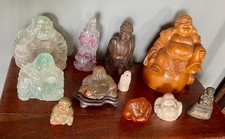 Collection of Vintage Hand Carved Buddha Figures: Flourite, Amber, Wood, & Agate picture