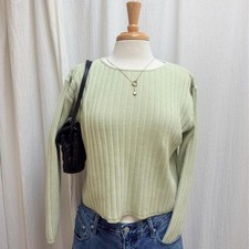 Liz Claiborne Ribbed Knit Sweater Size M Sage Green 90s Cotton picture