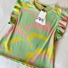 Zara Retro Groovy Floral Thick Knit Ruffle Flutter Sleeve Top Green Pink Yellow picture