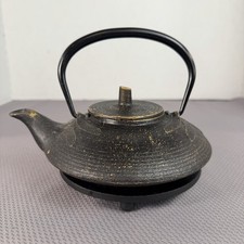 Vintage Iwachu Japan Cast Iron Dragonfly Teapot w/Trivet Nanbu Tekki Black/Gold picture