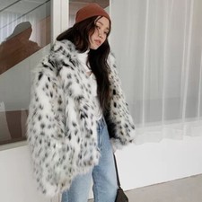 Occident Women Lapel Collar Faux Fox Fur Short Coat Winter Outwear Leopard Print picture