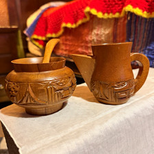 VTG  Hand Carved Monkey Pod Wood Sugar Bowl & Creamer Pitcher Set picture