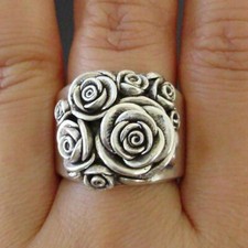 Boho 925 Sterling Silver New Women Fashion Vintage Style Rose Flower Ring Size 8 picture