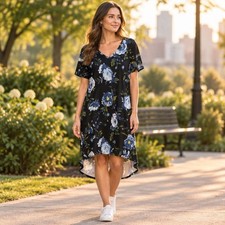 Christian Siriano Floral Dress Size XXL/2XG Black Blue V-Neck Short Sleeve picture