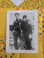 VTG B&W Snapshot Photo 1960s Young Couple Love Hug Portrait Outside Snow 1962 picture