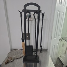 Vintage 5pc well made WROUGHT Iron Twister BRAIDED ROPE Fireplace Tools STAND,   picture