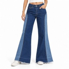 Brittania Sportswear Jeans Womens 29 Blue Two Tone Flare Vintage 70s Raw Hem picture