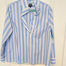 Talbots Blue White Striped Collared Button Front Long Sleeve Blouse Women’s L picture