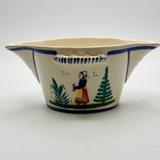 Vintage HB Quimper France Double Spout Sauce Boat Breton Woman Double Handles picture