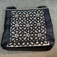 BRIGHTON Gloria Tote Shoulder Bag Black Soft Leather 3D Flowers picture