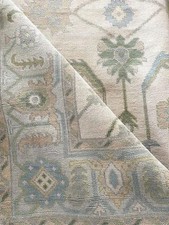 Hand Knotted Beige Oushak Rug: Blue & Green Wool Turkish Rug picture