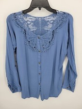 Entro Top Womens Large Blue Eyelet Lacey Trim Scoop Neck Boho Peasant Blouse picture