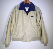 Vintage LL Bean Warm Up Jacket Tan Navy Blue Fleece Lined Size Large USA Made picture