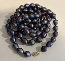 Genuine Tahitian Cultured Black Pearl Necklace w/ 14K  Yellow Gold Clasp -50 In. picture