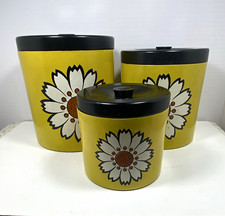 Vintage Yellow Floral Plastic Kitchen Canister Set of 3 w/ Black Lids picture