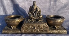 Vintage Empire Asian Scholar Inkwell Desk Set Bronze Tone Double Pen Cup Drawer picture