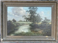 Antique 1907 Signed J.A. Crichton River Landscape Oil Painting Large picture