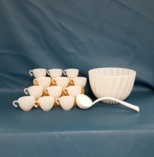 VTG Hazel Atlas Milk Glass Alpine Swirl Punch Bowl Set w/12 Cups & Ladle picture