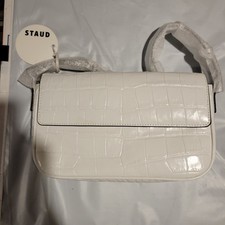 NWT Staud Tommy Croc Crocodile Leather Shoulder Bag Purse Saddle White Ivory picture
