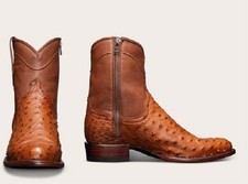Handmade Cognac Ostrich-Print Leather Cowboy Boots for Men Premium Boots picture