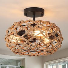3-Light Coastal Woven Flush Mount Ceiling Light Fixture 13.38 inch Boho Rustic H picture