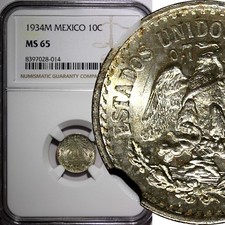 MEXICO Silver 1934 M 10 Centavos NGC MS65 GEM BU  Nice Toned KM# 431 (014) picture