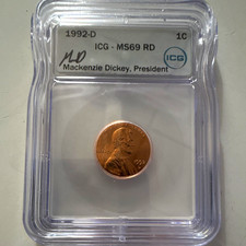 1992-D Lincoln Memorial Small Cent ICG MS69 RD Business Strike Copper.  Rare picture