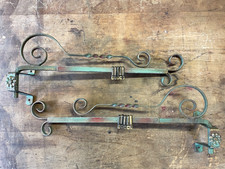 Pair Antique Victorian Wrought Iron Extending Swing Arm Curtain Rods Green / Red picture
