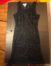 Laurence Kazar Black Beaded Sequin Sheath Knee Dress Scoop Neck Size S picture